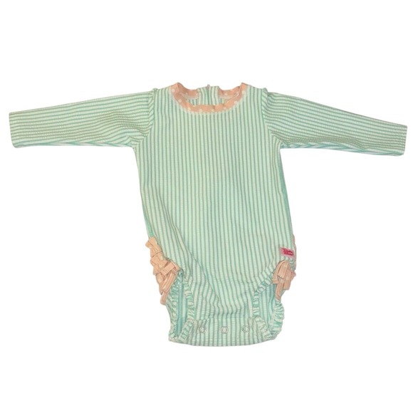 RUFFLE BUTTS Girl's Mint & White Striped Pink Ruffles One Piece Rash Guard 12-18 - Picture 1 of 6